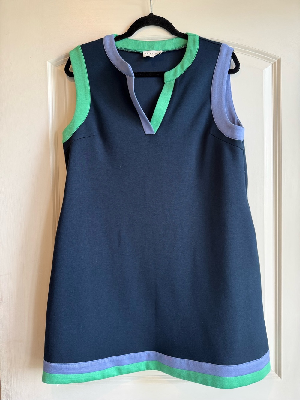 entro Navy Midi Shift Dress with Green & Lavender Trim